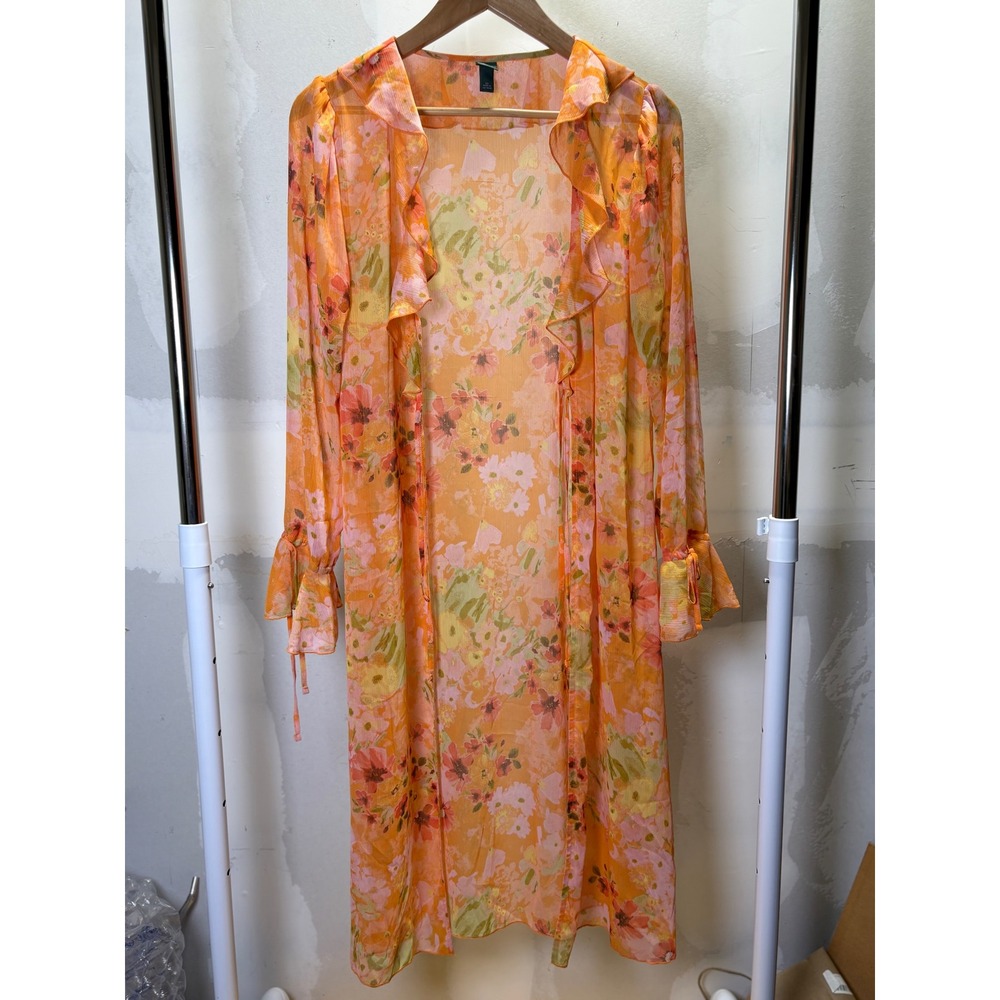 Wild Fable Womens XS Orange Floral Sheer Ruffle Duster Cardigan Long Sleeve Boho